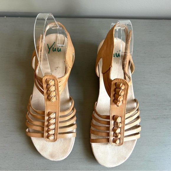 Yuu Handey Strappy Wedge Gladiator Tan Neutral Ankle Strap Sandals 7 Wide Boho - Picture 4 of 16